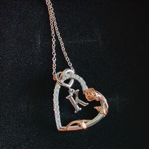 Rose Gold and Silver Heart Pendant Necklace with K Initial